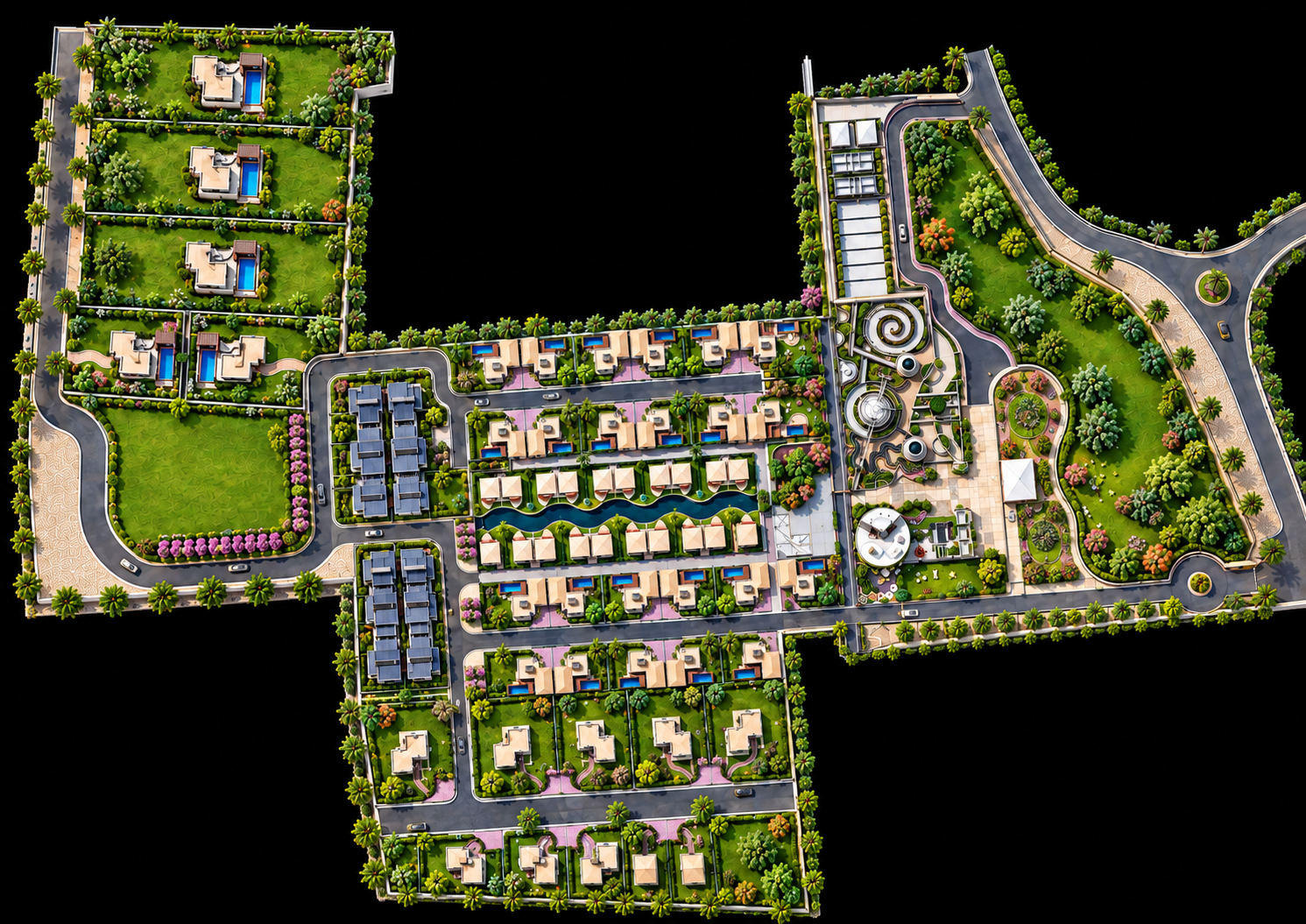 Lilodhyan masterplan with residential plots, roads, clubhouse and landscaped gardens