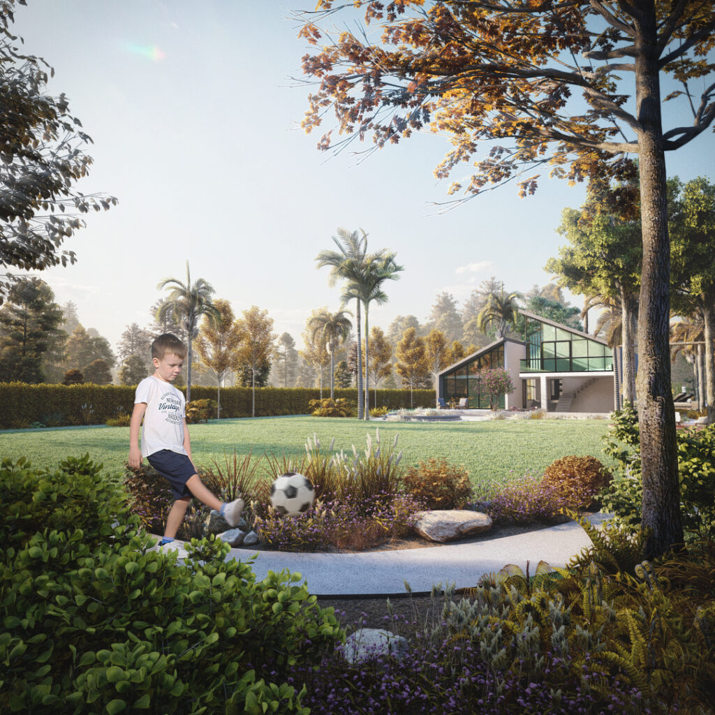 3d architectural visualization studio rendering back yard home villa desing idea view exterior landscap