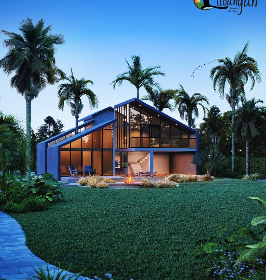 modern villa backyard 3d exterior rendering view Residential home design idea